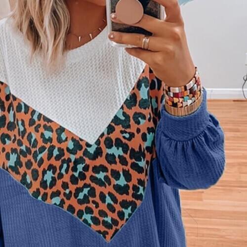 New leopard womens t-shirts casual loose long sleeve t-shirts o-neck pullover blue fashion top female