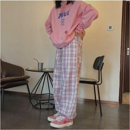 2021 Summer Womens Casual Plaid Pants Fashion Korean Version Of Pink High Waist Loose Wild Trousers Hip-Hop Womens Pants