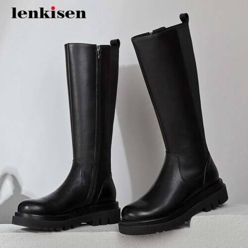 Lenkisen riding boots natural leather platform handsome round toe thick high heel zipper beauty lady energy knee-high boots L04