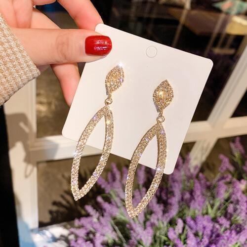 Crystal Diamante Rhinestone Long Tassel Earrings Exaggerated Oval Dangle Large Earrings Women Wedding Bridal Earrings