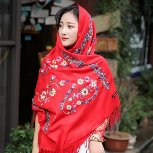 Female Pashmina Embroidery Flower Shawls Artificial Cashmere Scarf Wrap Tassels Muffler Chal Warm Muslim hijab Mujer Bufanda