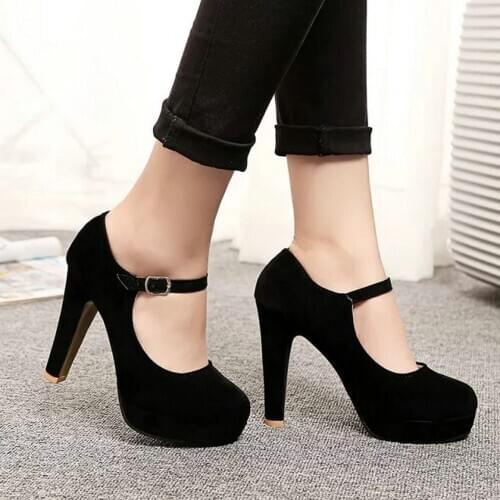 New womens shoes buckle spring and autumn high heels round head wild thick heel platform shallow mouth womens shoes B61-45 JY