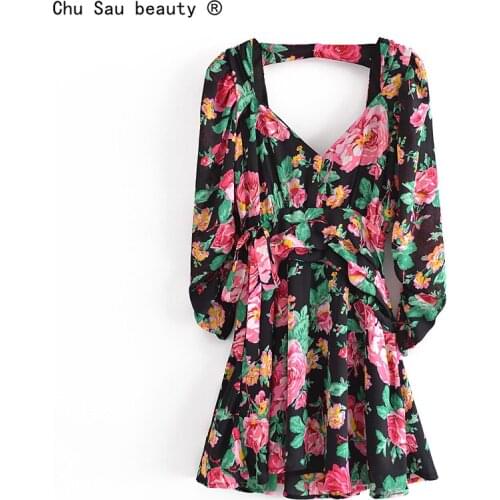 2021 Summer New Vintage Floral Printing Deep V Neck Lace-Up Sexy Backless A-Line Mini Dress Women Zipper Vestido