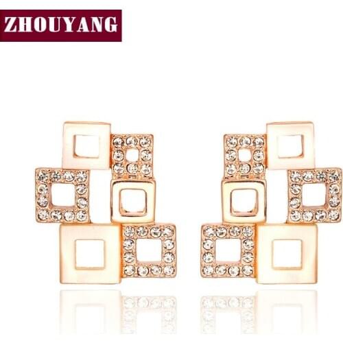 ZHOUYANG Smple Geometry Stud Earrings Top Quality White Gold Color Made with Genuine Austrian Jewelry Crystal E353