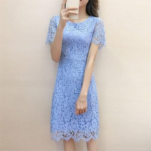 2021 Summer Dress Women Short Sleeve Lace Dress Big Size S-3XL Dress Elegant Lady Midi Long O-neck Party Dressess Vestidos W1416