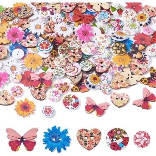 300pcs Printed Wooden Buttons Beads Flower Heart Butterfly For Crafts Scrapbooking Sewing Clothes Button Jewelry Accessories