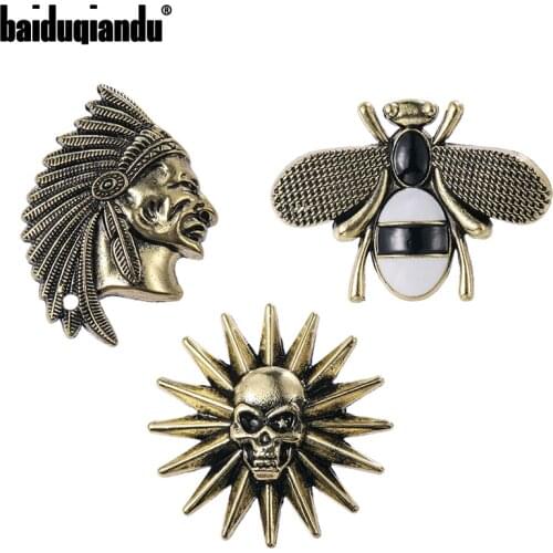 Baiduqiandu Ancient Bronze 3pcs Set Brooch Include Bee Skeleton and Indians Cool Vintage Brooches For Women and Men Anti-exhaus