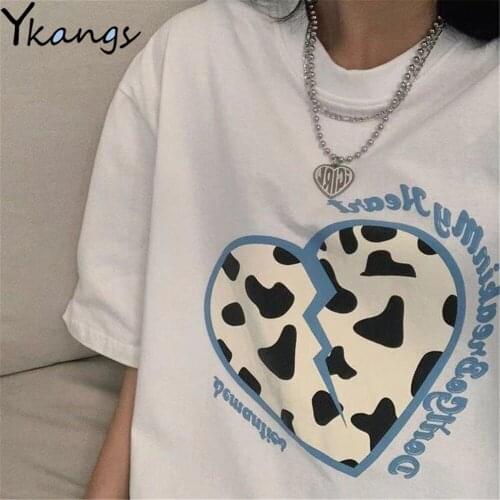 Cow Print Casual Oversized Women Kawaii T-shirt Summer Goth Anime Goth Graphic Blouses Y2k Korean Clothing Top Basic Kpop Female