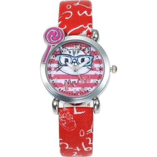 Hot Fashion Brand Cartoon Cute Glasses Cat Kids Quartz Watch Children Girls boys Leather Bracelet Wrist Watch Wristwatch Clock