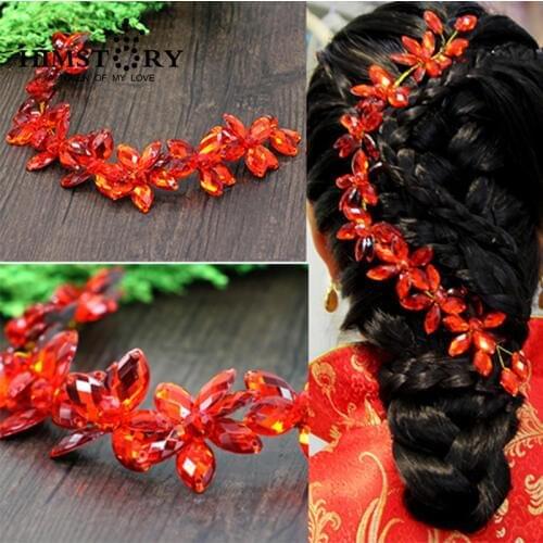 HIMSTORY New Red Crystal Beads Handmade Headband Wedding Tiara Flower Party Pageant Hair Jewelry