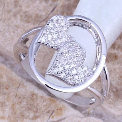 Heart to Heart Exquisite White CZ Silver Plated Ring Size 6 / 7 / 8 / 9 E498