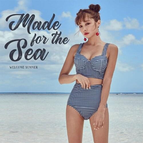 2021 New Swimsuit Women 's Retro Lattice Steel Support Small Chest Gathered High Waist Belly Is Thin Sexy Split Swimwear