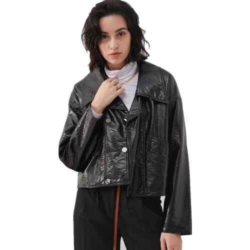 New fashion glossy pu leather coats Women double breasted shiny Leather Jacket Punk Rock Cropped Jackets F2107 dropship
