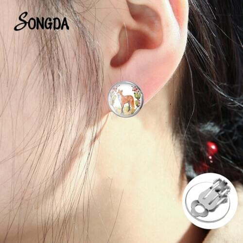 Cute Fox Earrings Clips Cartoon Animal Pattern Glass Dome Clips On Ears Silver Color Teen Child Jewelry Birthday Gifts For Women