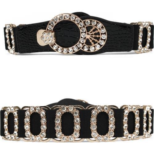 Fashion Rhinestone Wide Belt For Women High Quality PU Leather Wild Dress Accessories Cummerbunds Black Slim Wide Elastic Belts