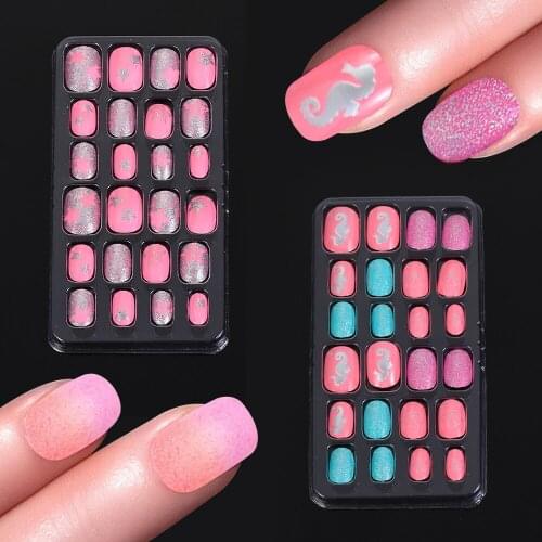 24PCS/Lot Candy False Nail Tips Press On Children Cartoon Full Cover Kid Glue Self Fake Nail Art for Girls Manicure Tips