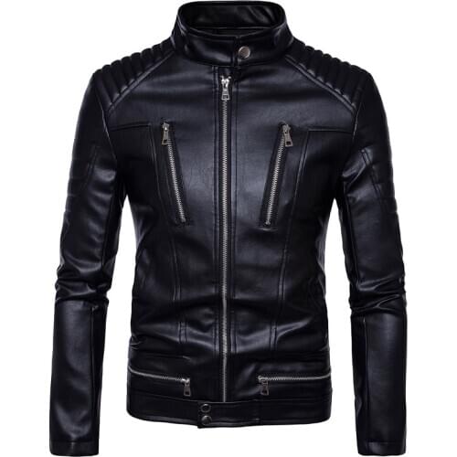 New Autumn Winter Mens Black PU Leather Jacket Fashion Punk Style Multi-zipper Stand Collar Slim Motorcycle Leather Coat