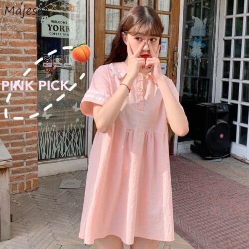 Dresses Women Pink Summer Sweet Fashion Japanese Style Kawaii Students Simple Chic Femme Ulzzang Turn Down Collar Girls Vestidos