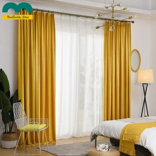 Luxury Solid Bright Yellow Golden Soft High Grade Royal Velvet Blackout Curtains for Living Room Bedroom Window Treatment Drapes