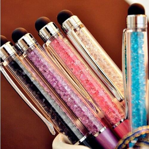 1Pcs/Sell) Creative Crystal Pen Diamond Ballpoint Pens Stationery Ballpen Stylus Pen Touch Pen 11 Colors Oily Black Refill
