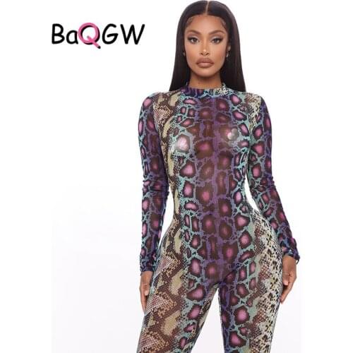 BaQGW Snake Print Long Sleeve Skinny One Piece Outfits Sexy Rompers Clubwear Women Fall Long Sleeve Streetwear Joggers Jumpsuit