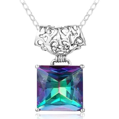Szjinao 27x15mm Pendant Necklace For Women Fire Rainbow Mystic Topaz Pendants For Ladies Womans Girls Silver Jewellery colgante