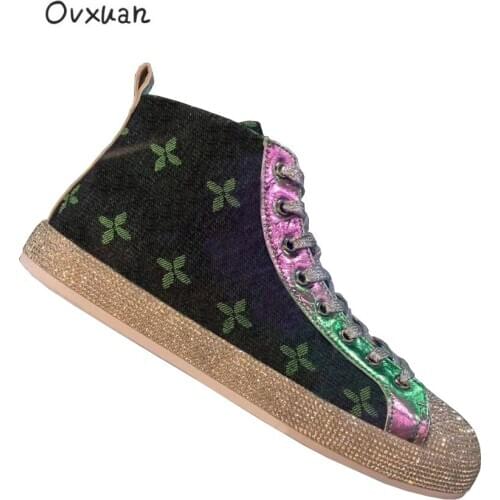 OVXUAN Embroidered Botas Hombre Vintage Diamond Rhinestone Lace Up Zipper Flat Platform Shoes Men Ankle Boots Male Booties 2021