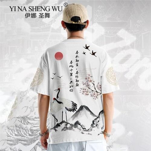Japanese Summer Short SleeveT-shirt Men Casual Loose Harajuku Clothing Fashion Large Size Kimono Crane Shirt Men Kimono Men New