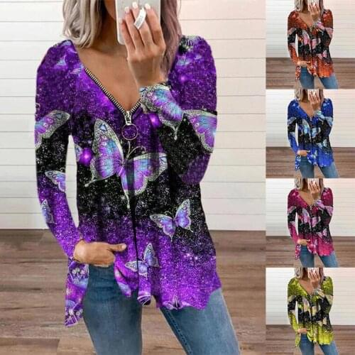 Fashion Autumn Printing V Neck Long Sleeve Zipper Pullover Vintage Butterfly Print Womens T-shirt Casual Loose Plus Size Shirt
