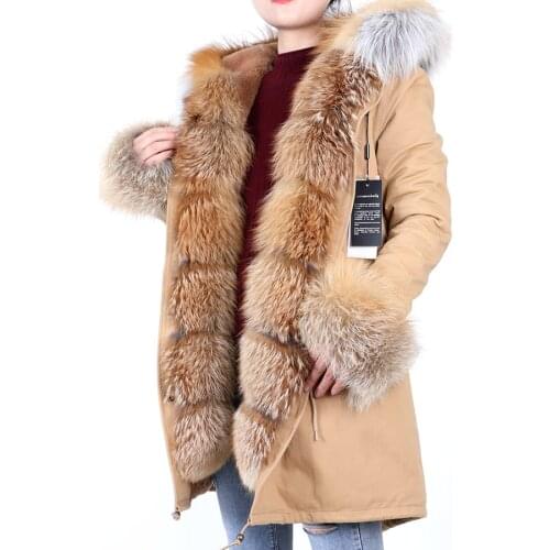MAOMAOKONG Womens leather jacket Large Natural Fox Fur Hooded Coat Parka Outwear Long Detachable Lining winter jackets