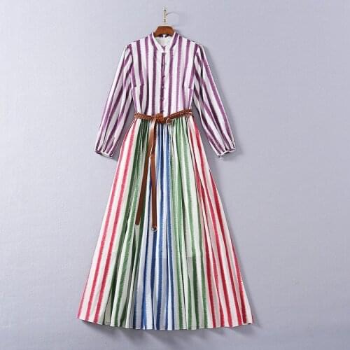Womens American European and wear 2021 winter new style Long-sleeved rainbow stripe braid belt Fashionable dress