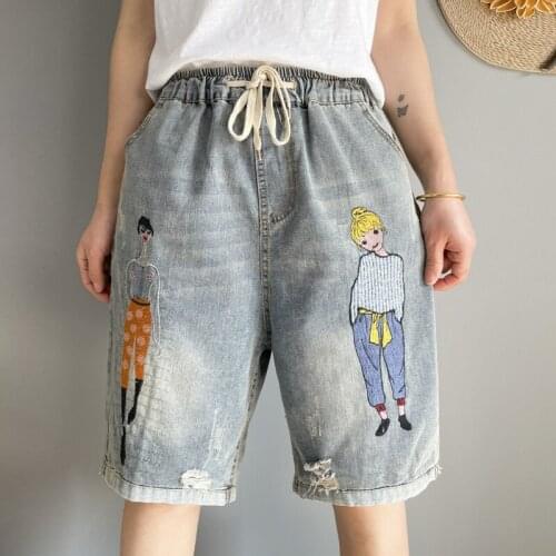 Womens Cartoon Embroidery Denim Shorts Female Vintage High Waist Wide Leg Streetwear Knee Length Ripped Jeans Shorts Plus Size