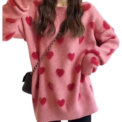 New Arrival Fashion Spring Autumn Women Sweater Loose Long Sleeve Casual Flocking Harajuku Love Heart Knitt Pullover Female