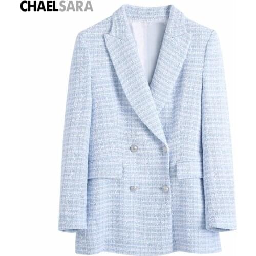 2021 New Spring Women New Casual Tweed Blazer Casual Office Lady Autumn Jacket Coat Double Breasted Outwear Female Chic Tops