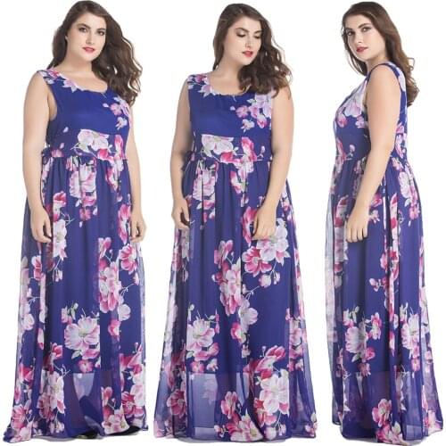 Plus Size Women Summer Chiffon Long Dress Holiday Floral Print Bohemia Sleeveless Party Beach Maxi Dresses Fashion Gown Vestidos