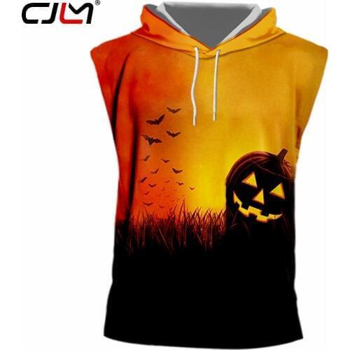 CJLM 3D Printed Bat And Yellow Scenery Polyester Vest Mens Large Size 5XL Halloween Devil Pumpkin Man Hooded Tank Top