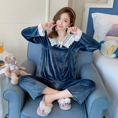 Winter Golden Velvet Pajamas Womens Long Sleeve Sleepwear Pullover Elegant Womens Leisure Nightwear Long Woman Pijama Set