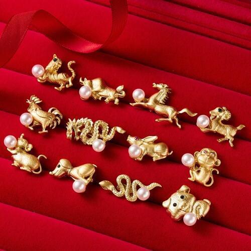 Zodiac Pearl Dumb Gold Animals Small Brooch Chinese Cartoon Zodiac Mouse Tiger Sheep Monkey Chicken Dog Pig Alloy Pin Badge