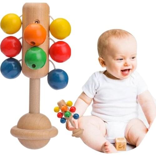 1pc Beech Wooden Rattle Baby Teether Hand Bells Toy Montessori Educational Toys Music Listening Training Baby Toy Products