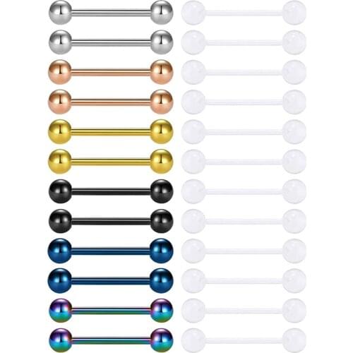 14G Surgical Steel Tongue Rings Nipplerings Piercing Bar & Flexible Clear Nipple Tongue Piercing Retainers for Work