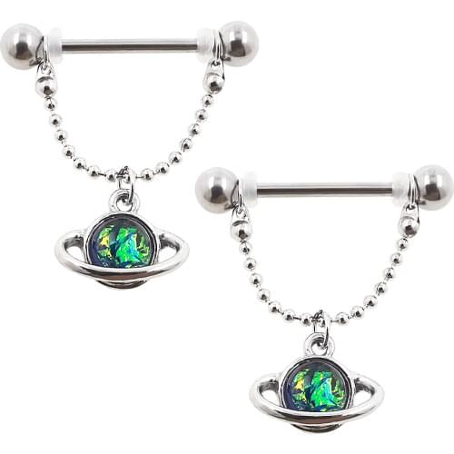 JHJT 2PCS Sexy Nipple Piercing Stainless Steel Chain Planet Nipple Shied Barbells Ring Piercing Body Jewelry 14G