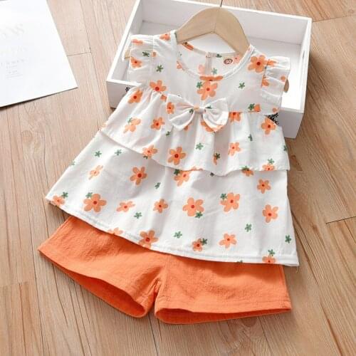 2021 Summer Girls Clothing Set Flower Outfits Kids Fashion Toddler Children Sleeveless Top + Demin Shorts 2 to 6 Years