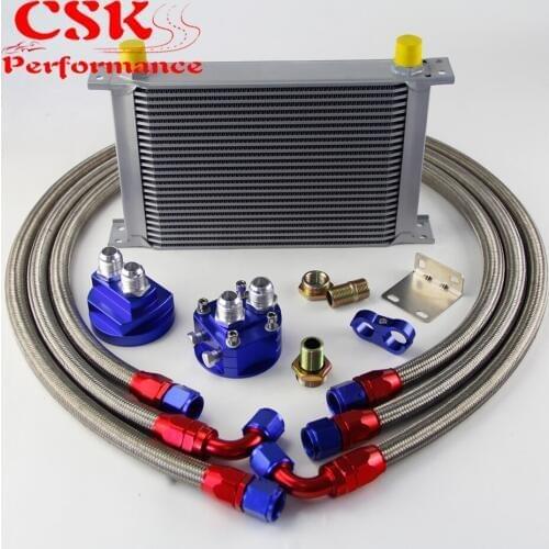 25 Row AN10 Universal Engine Transmission Oil Cooler British Type + Filter Adapter Kit Blue