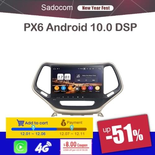 10.1" PX6 Android 10.0 4GB+64GB+8core Bluetooth 5.0 Car DVD Player GPS Glonass map autoradio wifi TV For Jeep Cherokee 2016 2017