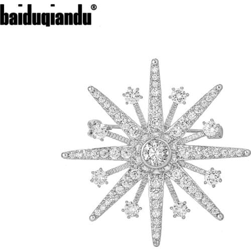 Baiduqiandu New Arrival High Quality Cubic Zirconia Crystal and Rhodium Color Plated Starburst Brooch Lapel Pins
