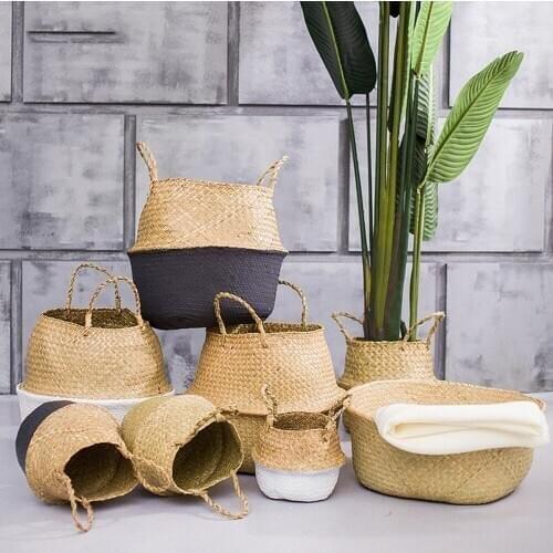 1pc Handmade Bamboo Storage Baskets Foldable Laundry Straw Patchwork Wicker Rattan Seagrass Garden Flower Pot Planter Basket