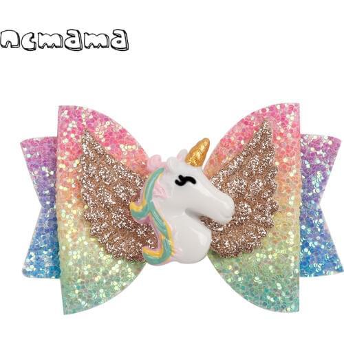 Ncmama Hair Accessories Unicorn Hair Bows for Girls Shiny Glitter Hair Clips 3" Cartoon Wings Hairpins Handmade Kids Barrettes