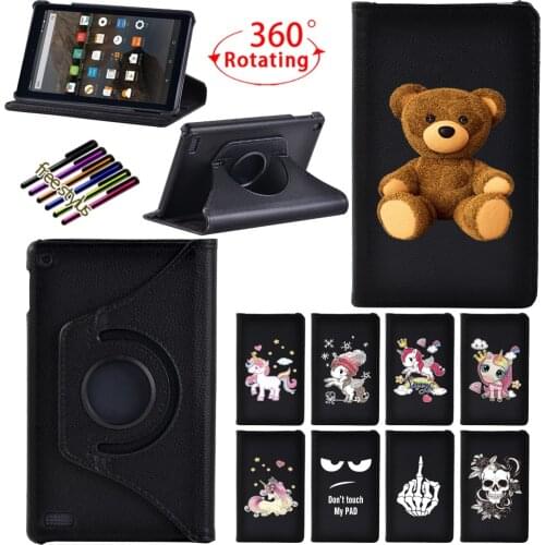 Cover for Amazon Fire 7 5th /7th /9th Cartoon Pattern Adjustable pu Leather Stand 360 Rotating Folding Tablet Case+Free stylus