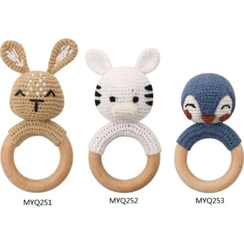 Baby Rattle Crochet Animal Baby Teether Wooden Ring Handmade Wood Teething Toy 97BC