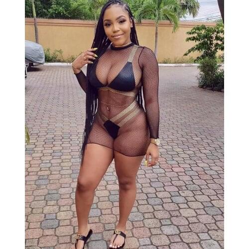 European And American Sexy Womens Dress 2021 New Summer Mesh +PU Elastic 3 Piece Set D8445 Occident Fashion